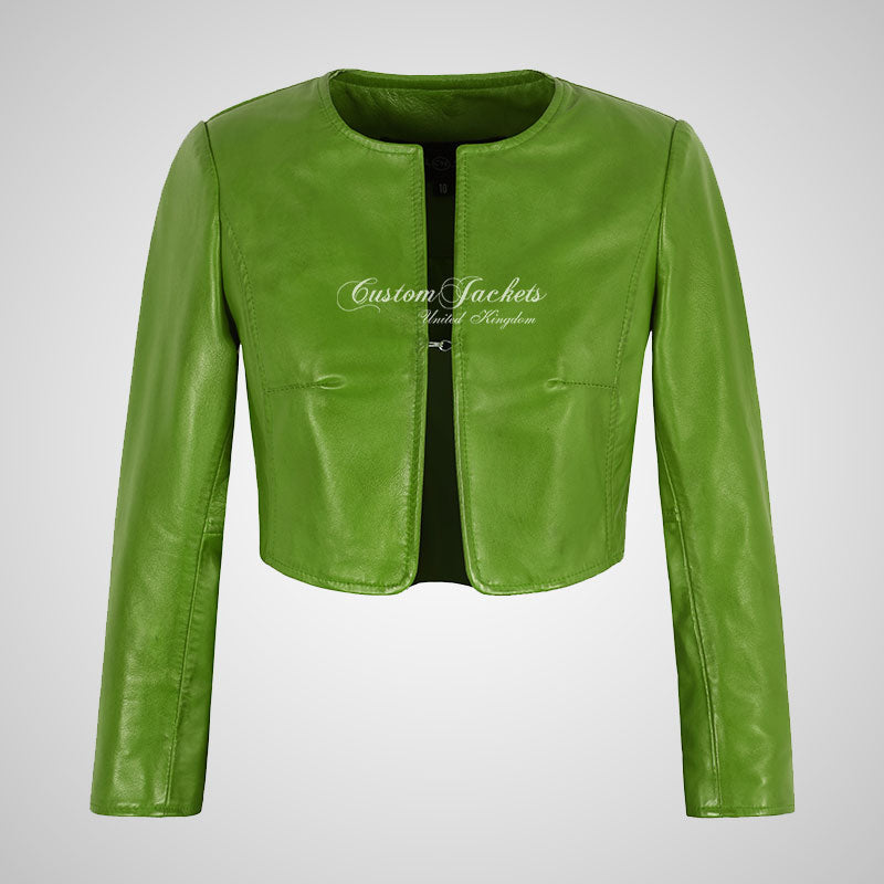 DEVERE Collarless Cropped Leather Jacket for Women