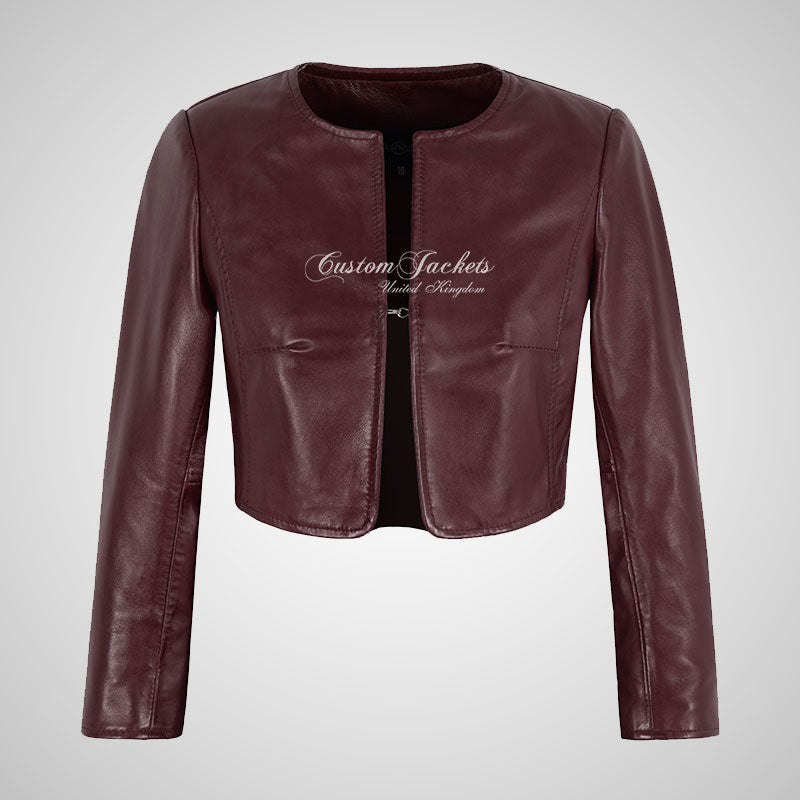 DEVERE Collarless Cropped Leather Jacket for Women