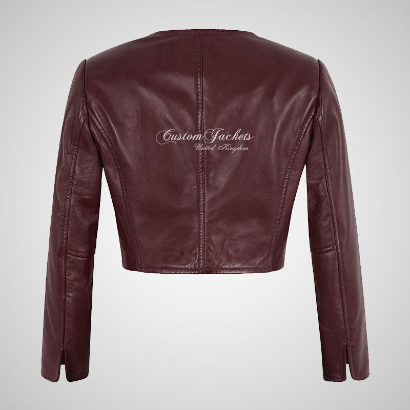 DEVERE Collarless Cropped Leather Jacket for Women