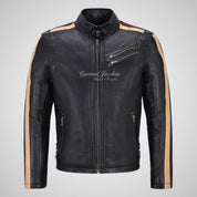 STRIPED ARM Biker Leather Jacket Black For Mens