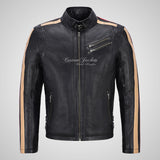 STRIPED ARM Biker Leather Jacket Black For Mens