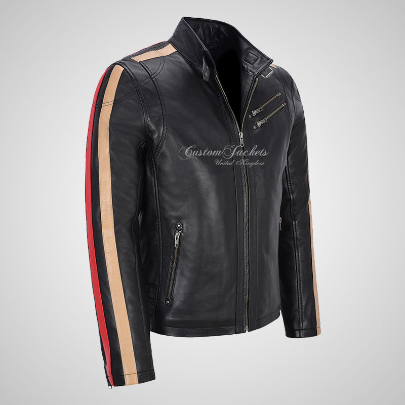 STRIPED ARM Biker Leather Jacket Black For Mens