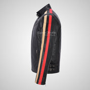 STRIPED ARM Biker Leather Jacket Black For Mens