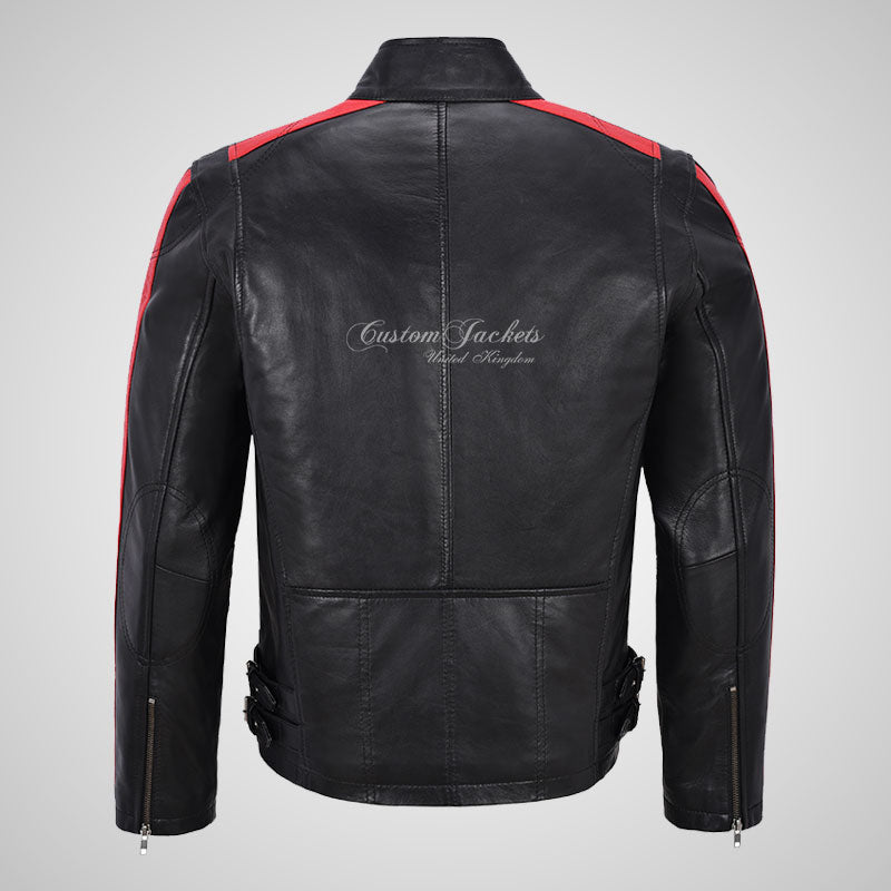 STRIPED ARM Biker Leather Jacket Black For Mens