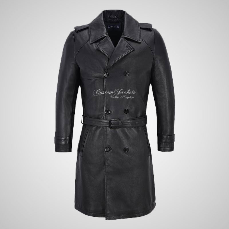 JAGER Men's Leather Trench Coat Black Double Breasted Leather Coat