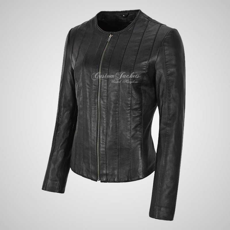 IBIZA Ladies Collarless Leather Jacket Black