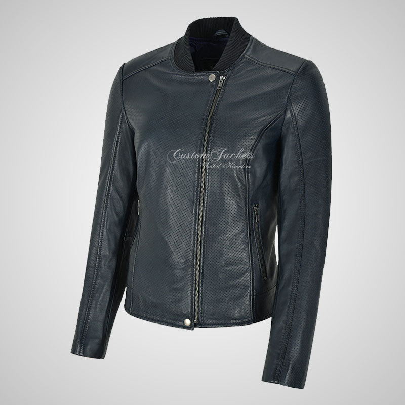 CAMILLE Perforated Leather Jacket For Women Navy