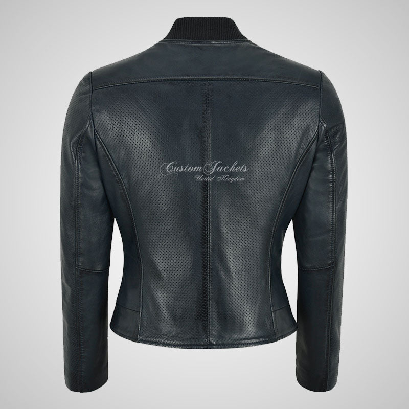 CAMILLE Perforated Leather Jacket For Women Navy