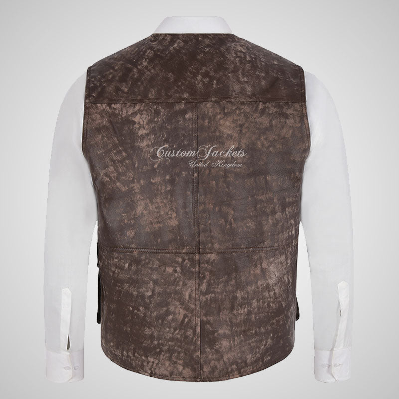 STEAD Fisherman Vest Vintage Buffed Leather Waistcoat for Mens