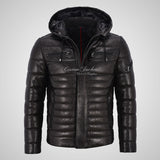 NEVIN Leather Detachable Hood Puffer Jacket For Mens