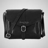 Women's Flap Over Crossbody Bag Black Cowhide Leather