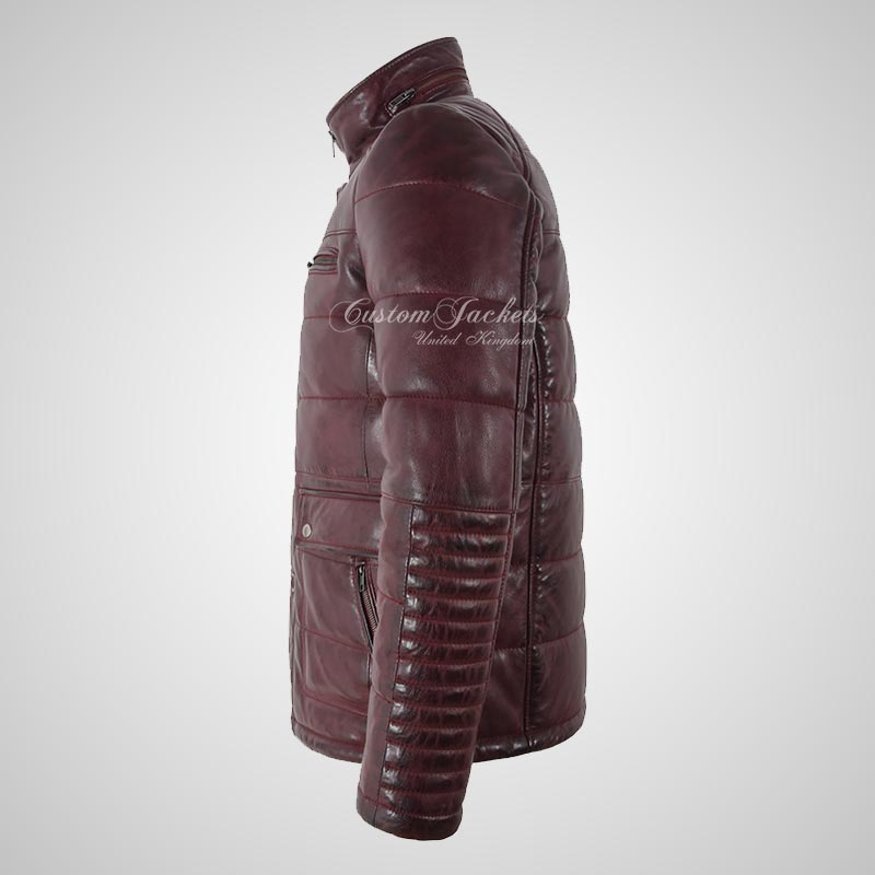 MAROON Padded Leather Jacket For Mens Soft Leather Puffer