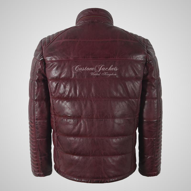 MAROON Padded Leather Jacket For Mens Soft Leather Puffer