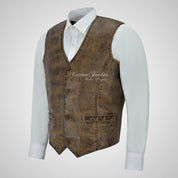 YORK Men's Dirty Vintage Leather Waistcoat Soft Waxed Leather Vest