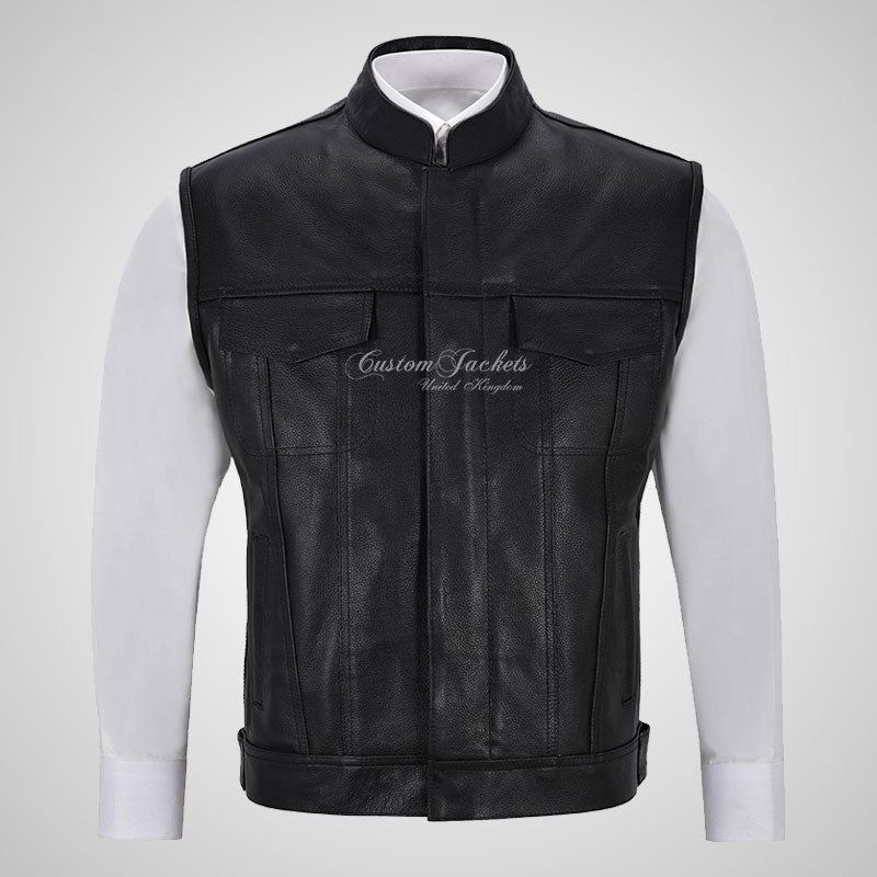 SOA Mens Leather Biker Vest Black Thick Leather Waistcoat