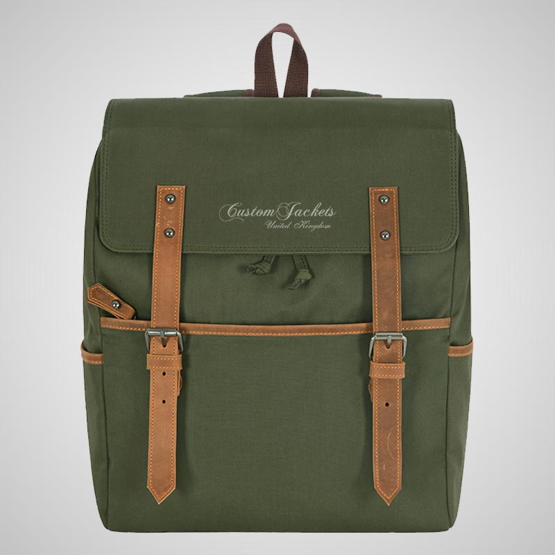 Men's Canvas Backpack Olive Casual Travel Rucksack Leather Trimming