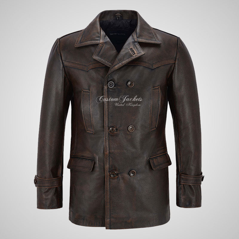 KRIEGSMARINE Mens Vintage Leather Pea Coat Military Leather Jacket