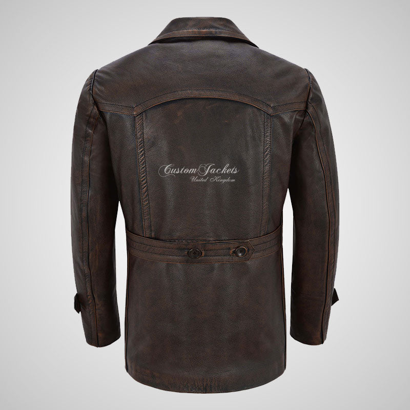 KRIEGSMARINE Mens Vintage Leather Pea Coat Military Leather Jacket