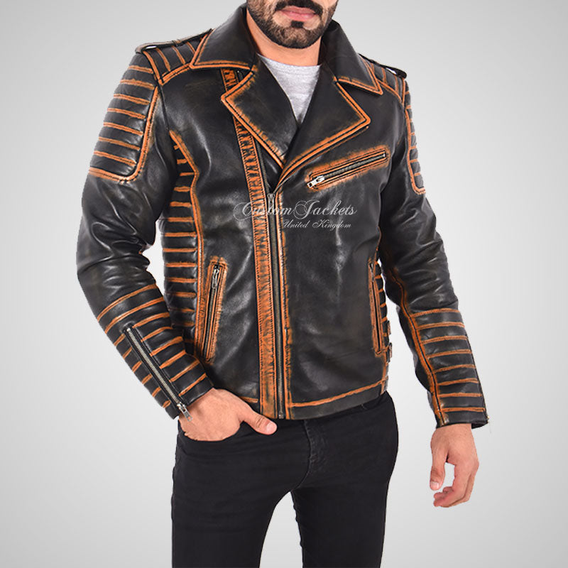 LUCCA Men's Vintage Antique Waxed Leather Bikers Jacket