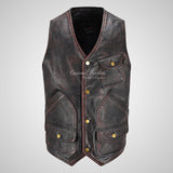 MEX Bikers Leather Vest Vintage Waxed Leather Gilet Waistcoat