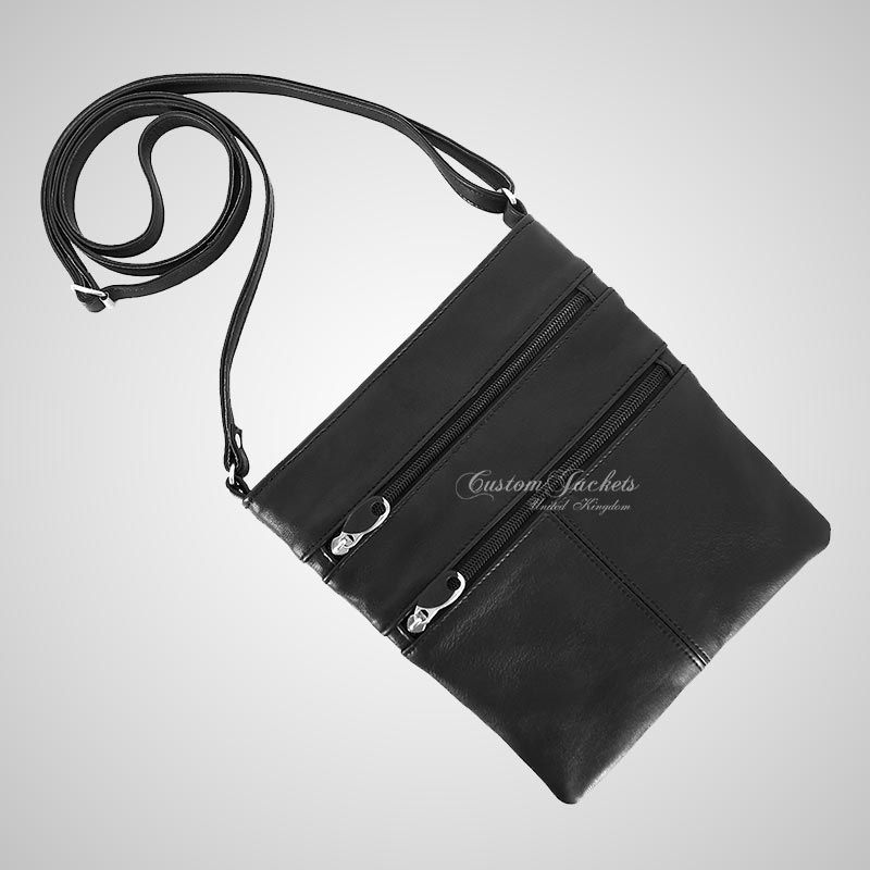 Ladies Leather Crossbody Bag Black Long Strap Slim Travel Bag