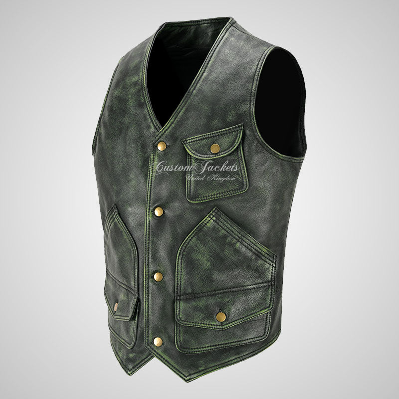 MEX Bikers Leather Vest Vintage Waxed Leather Gilet Waistcoat