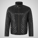 JOSH Men's Quilted Leather Jacket Black Soft Lamb Leather