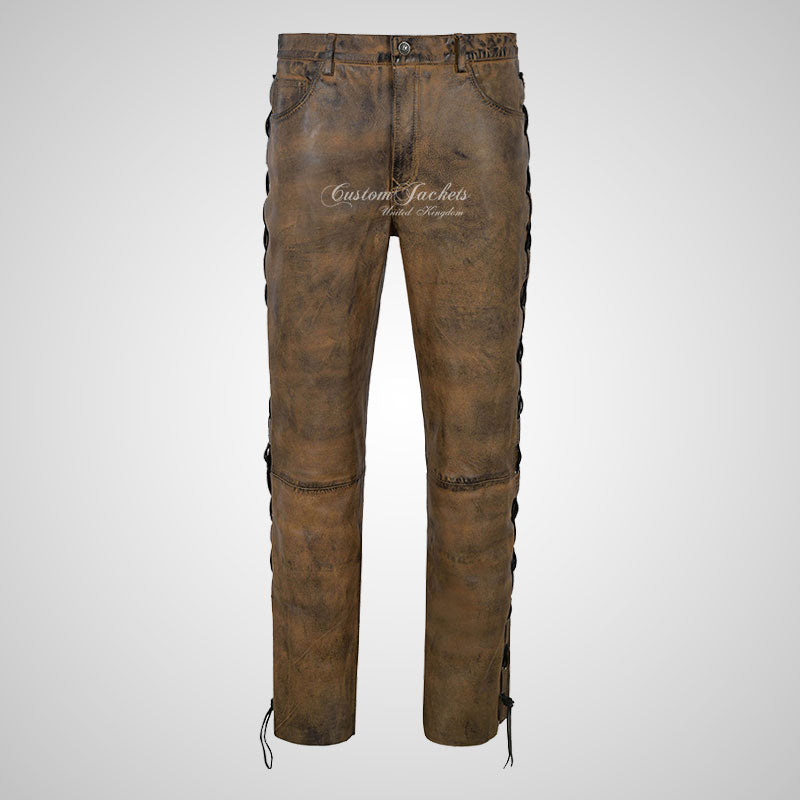 TROOPER Mens Laced Biker Style Leather Pants Soft Lamb Leather