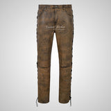 TROOPER Mens Laced Biker Style Leather Pants Soft Lamb Leather
