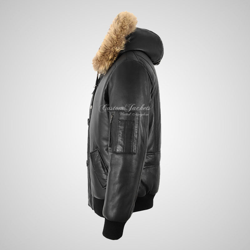 MYTHOS Mens Hooded Leather Bomber Jacket Fur Hooded Soft Leather