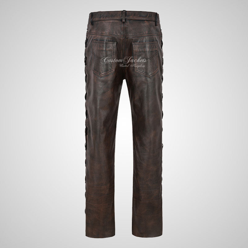 TROOPERS Men's Biker Vintage Leather Laced Pants