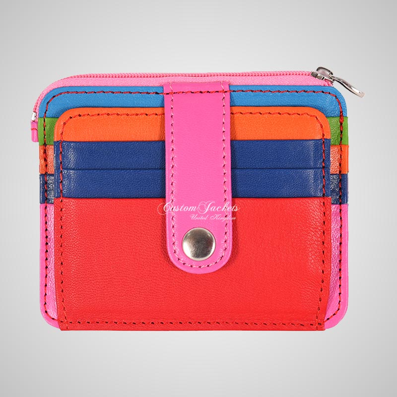 Multi Colored Leather Zip Coin Pouch & Card Holder