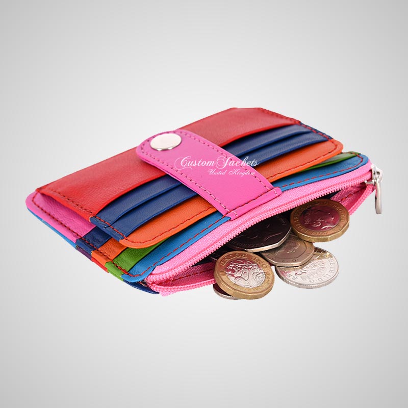 Multi Colored Leather Zip Coin Pouch & Card Holder