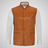 NEHRU Mandarin Collar Leather Waistcoat For Mens Soft Leather