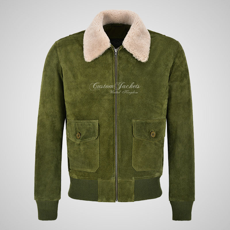 TOP GUN Men's Suede Bomber Jacket White Natural Fur Collar