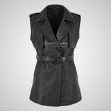 ZURI Lapel Collar Belted Leather Waistcoat Vest For Women