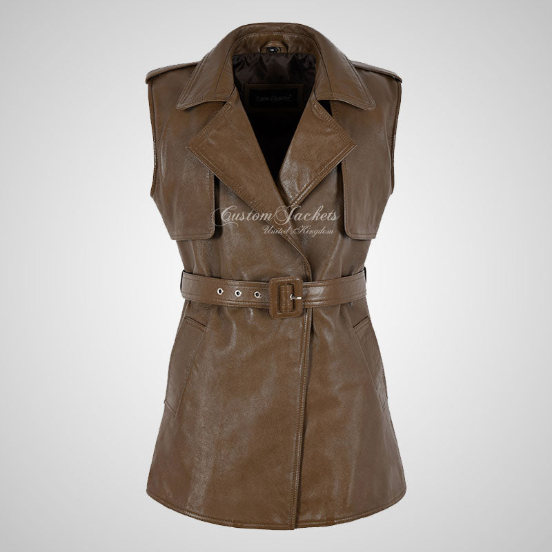 ZURI Lapel Collar Belted Leather Waistcoat Vest For Women