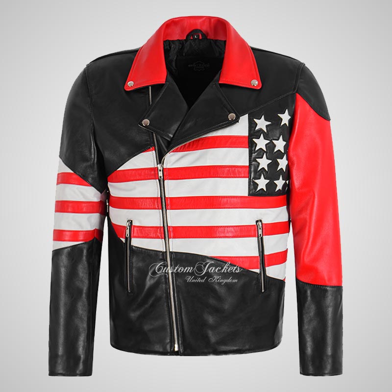 USA Men's Leather Biker Jacket with American Flag