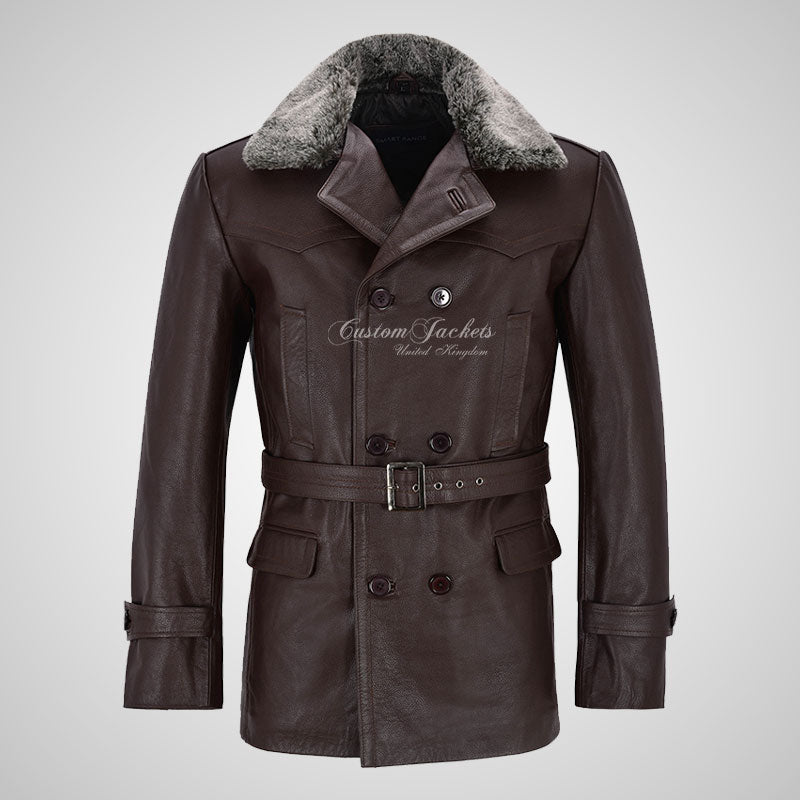 KRIEGSMARINE Mens Leather Pea Coat Faux Fur Collar Leather Jacket