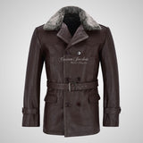 KRIEGSMARINE Mens Leather Pea Coat Faux Fur Collar Leather Jacket