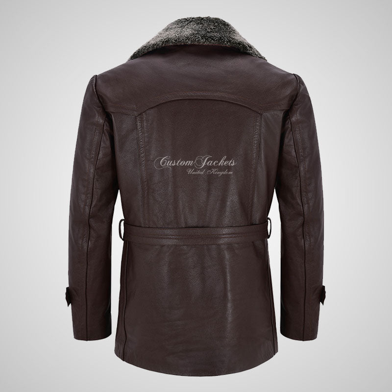 KRIEGSMARINE Mens Leather Pea Coat Faux Fur Collar Leather Jacket