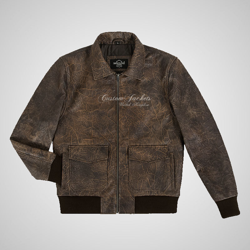 DWICKSHIRE Men's Wrinkled Vintage Leather Bomber Jacket