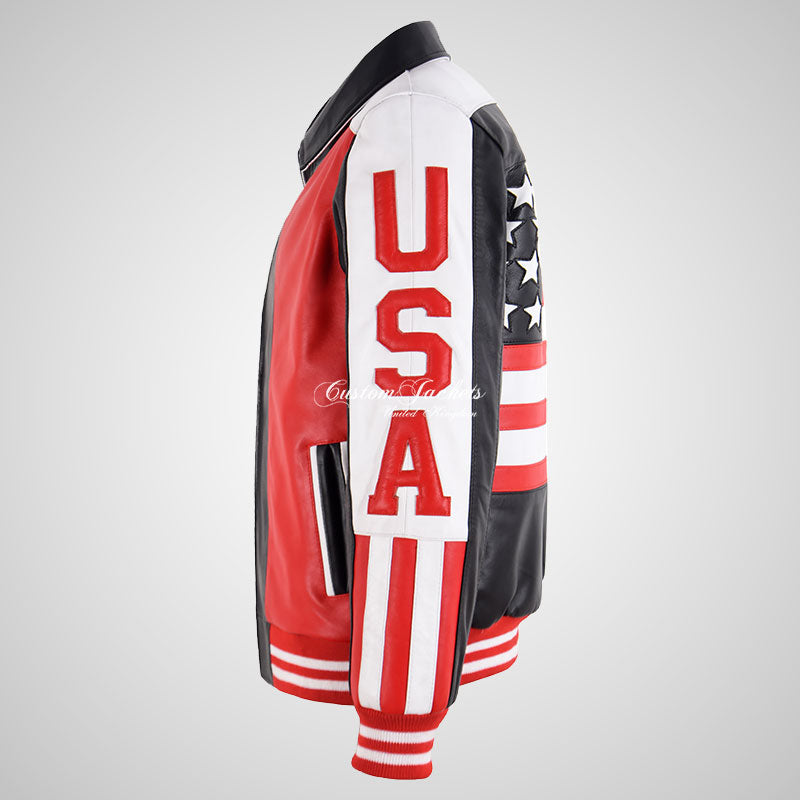 USA FLAG Leather Bomber Jacket for Men