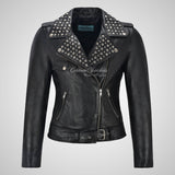 REBEL CHIC Studded Black Leather Biker Jacket for Women
