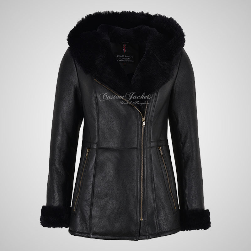 YAREN Ladies Black Sheepskin Hooded Coat Shearling Fur Jacket