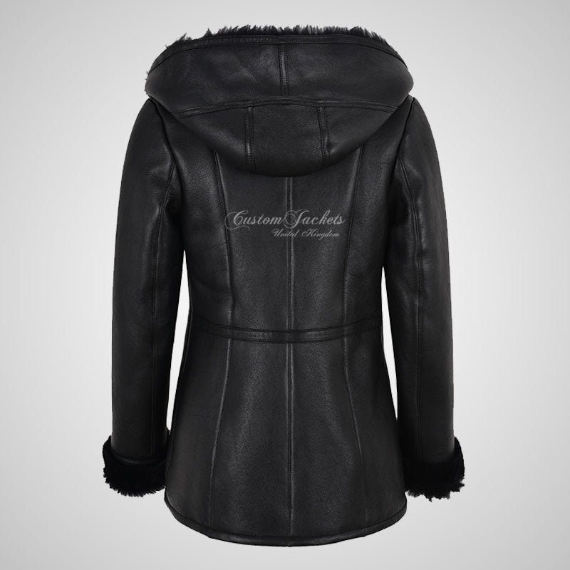 YAREN Ladies Black Sheepskin Hooded Coat Shearling Fur Jacket