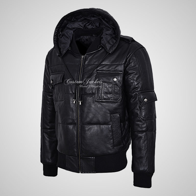 LOCKHEED Men Puffer Padded Bomber Leather Jacket with Removable Hood