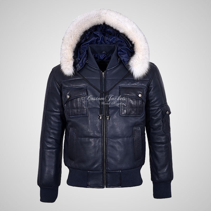 LOCKHEED Men Puffer Padded Bomber Leather Jacket Removable Fur