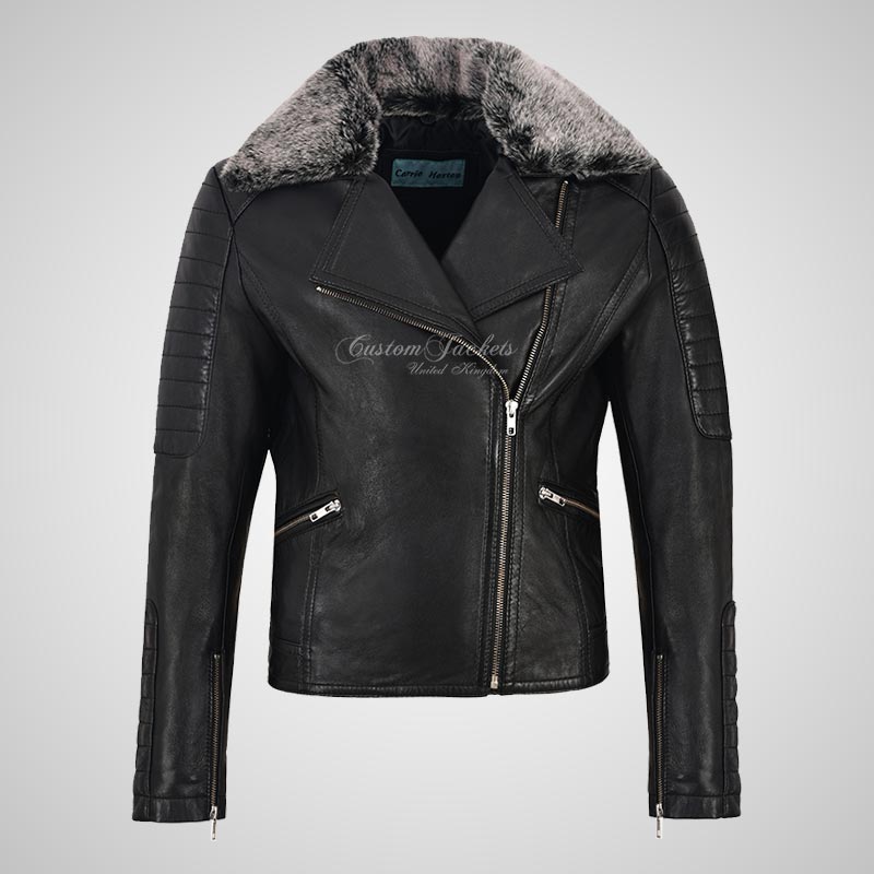 OPHELIA Women Leather Biker Jacket with Detachable Fur Collar