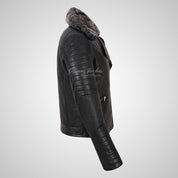 OPHELIA Women Leather Biker Jacket with Detachable Fur Collar